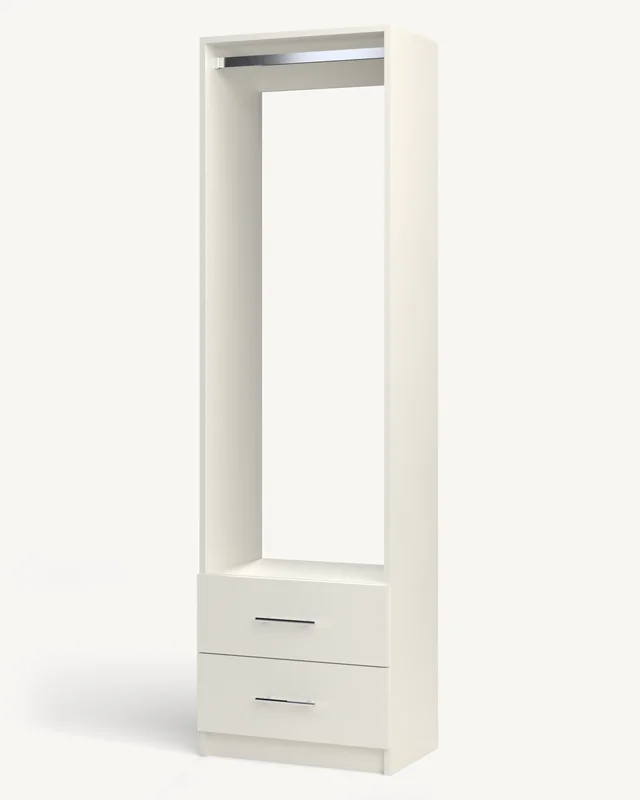 A white 16-inch reach-in closet module with a hanging rod over two drawers (rendered)