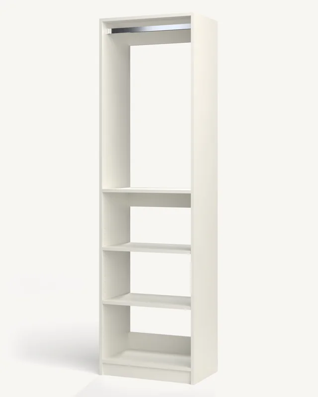 A white 16-inch reach-in closet module with a hanging rod over adjustable shelves (rendered)