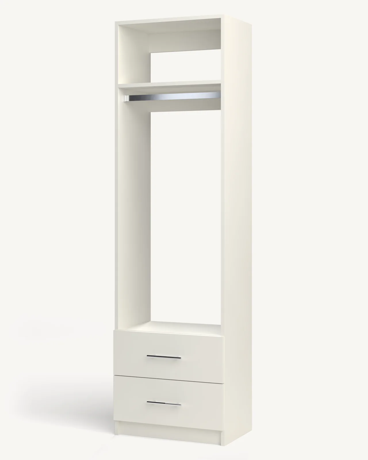 Rod + Fixed Shelf over 2 Drawer Reach-In Closet Module, 24" wide and 84" tall, empty, as it is delivered (rendered)