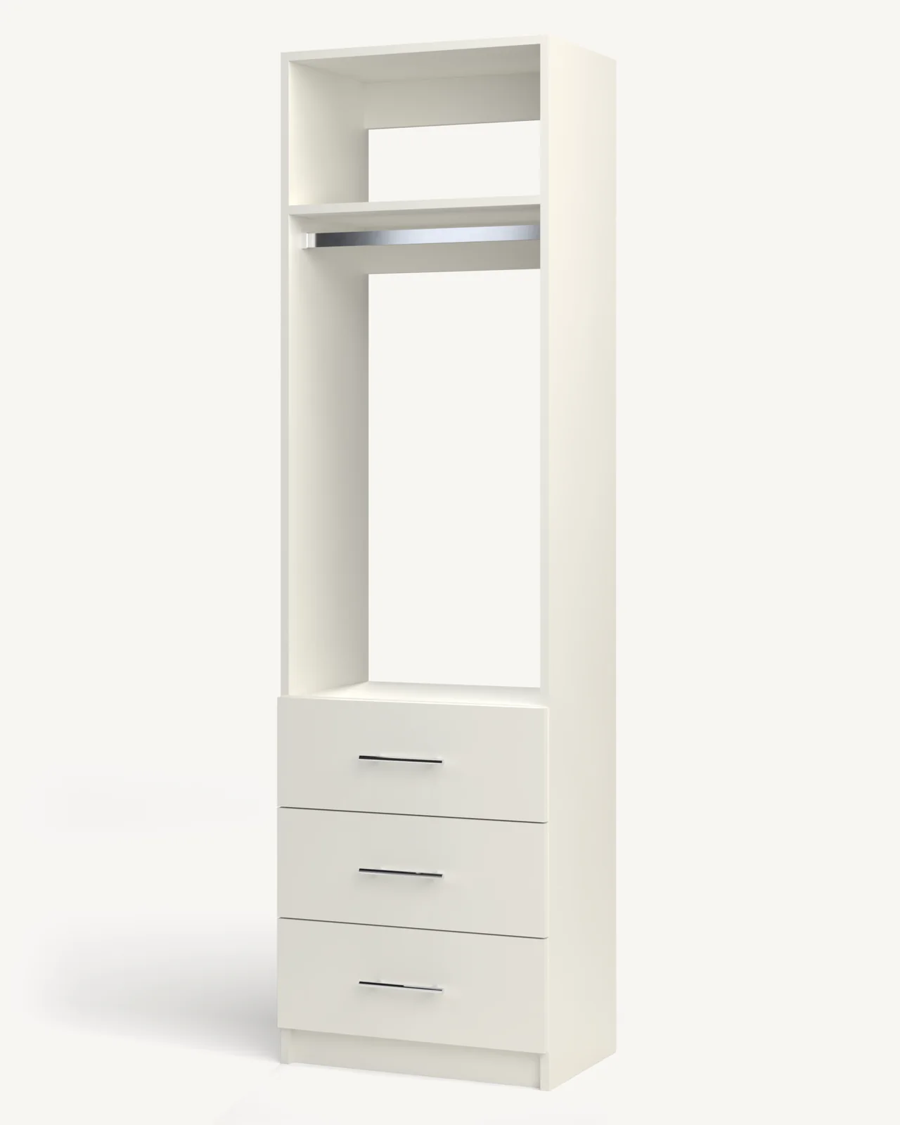Rod + Fixed Shelf over 3 Drawer Reach-In Closet Module, 24" wide and 84" tall, empty, as it is delivered (rendered)