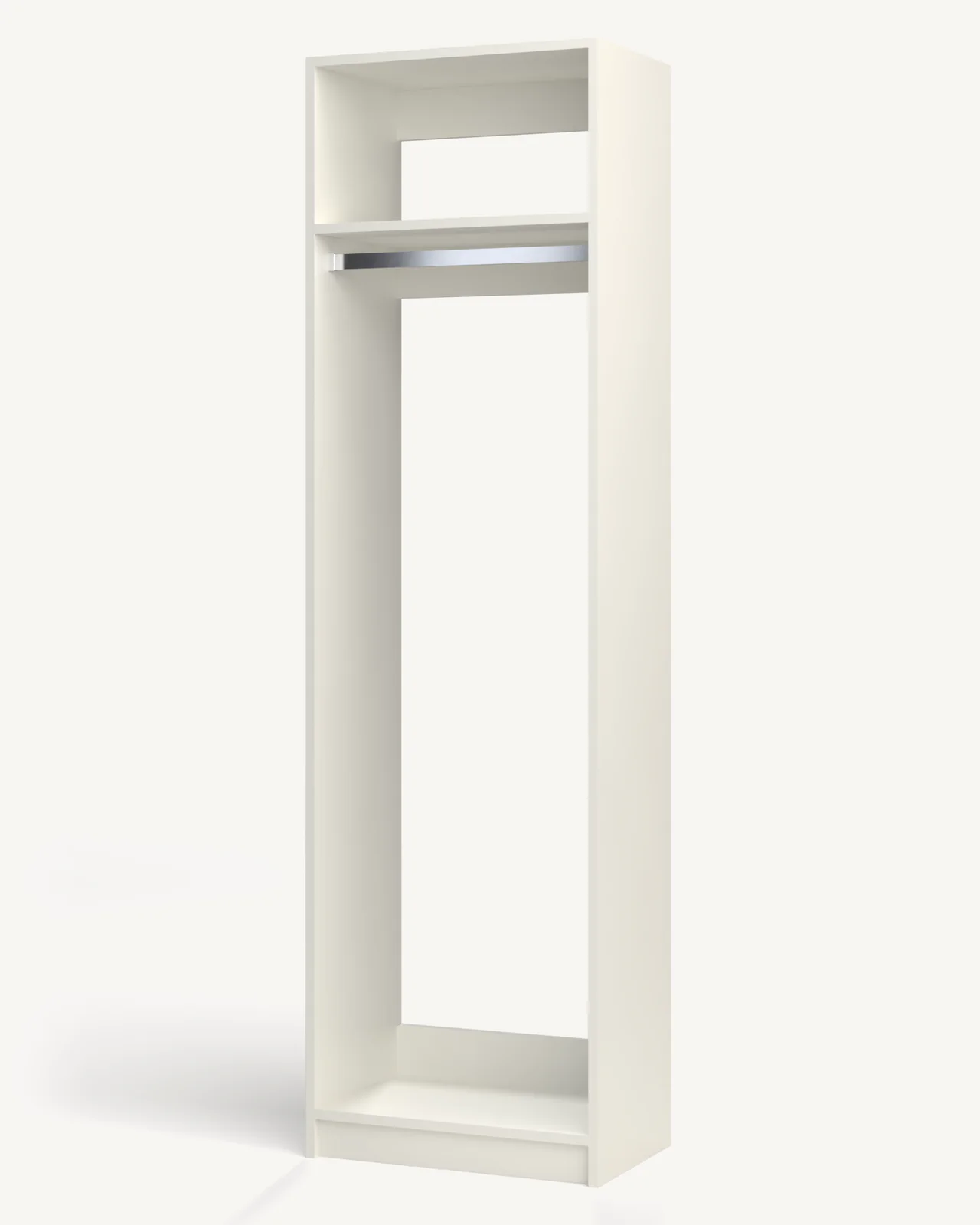Full-Height Hanging Rod with Fixed Shelf Reach-In Closet Module, 24" wide and 84" tall, empty, as it is delivered (rendered)