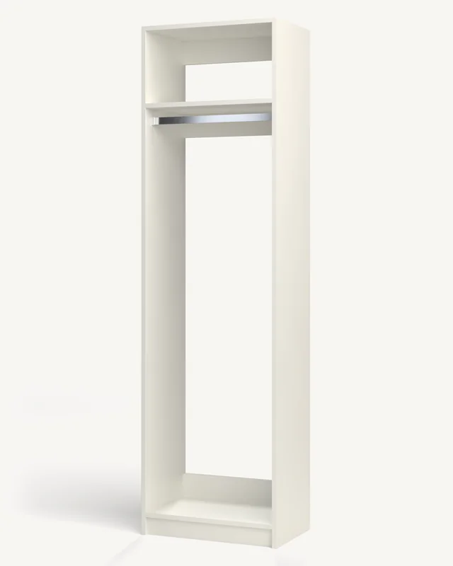 A white 16-inch reach-in closet module with a full-height hanging rod under a fixed shelf (rendered)