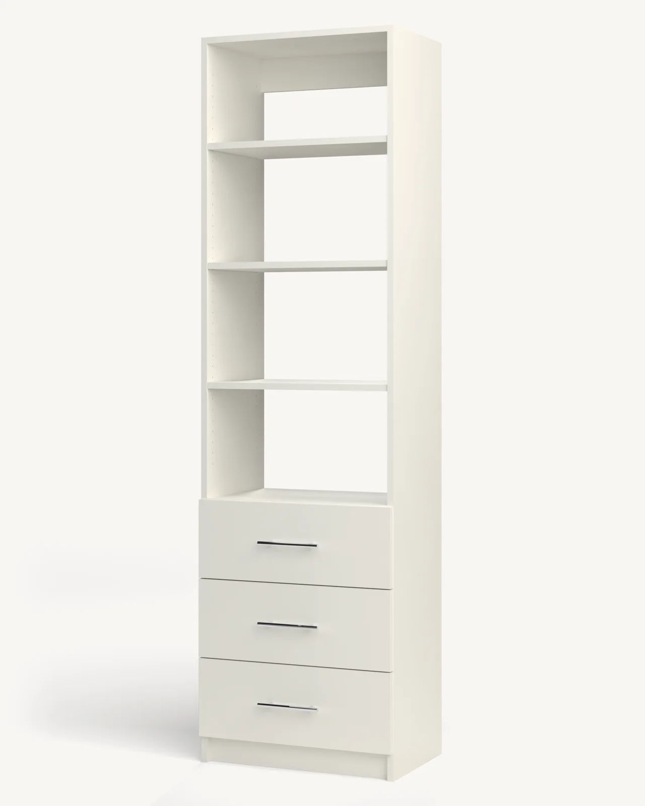Shelves over 3 Drawer Reach-In Closet Module, 24" wide and 84" tall, empty, as it is delivered (rendered)