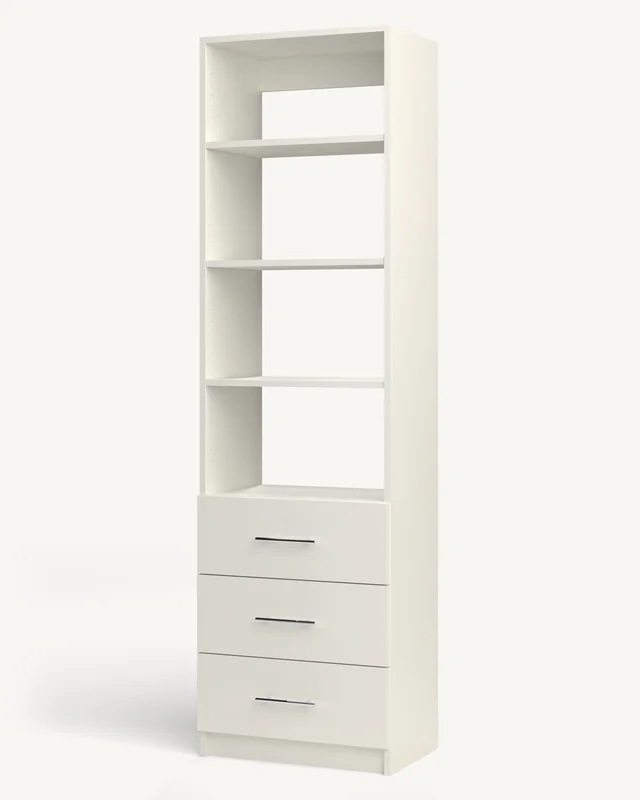 A white 16-inch reach-in closet module with adjustable shelves over three drawers (rendered)