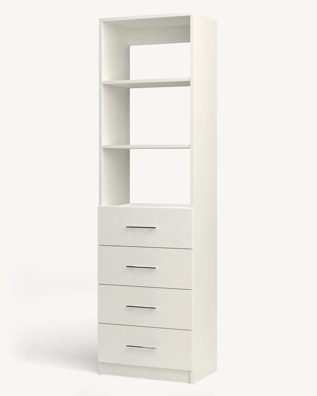 Shelves over 4 Drawer Reach-In Closet Module, 24" wide and 84" tall, empty, as it is delivered (rendered)