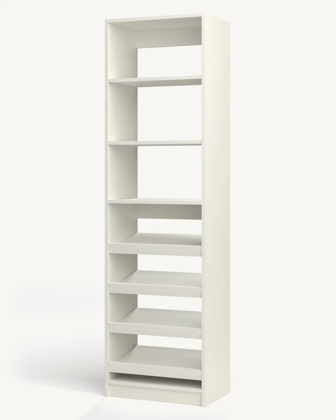 Shelves over Shoe Storage Reach-In Closet Module, 24" wide and 84" tall, empty, as it is delivered (rendered)