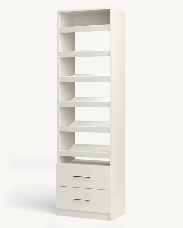 A white 16-inch reach-in closet module with tilted shoe shelves over two drawers (rendered)