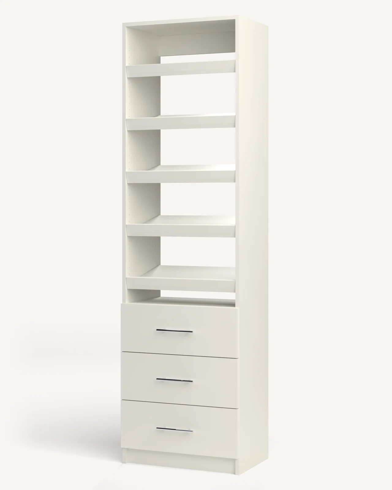 Shoe Storage over 3 Drawer Reach-In Closet Module, 24" wide and 84" tall, empty, as it is delivered (rendered)
