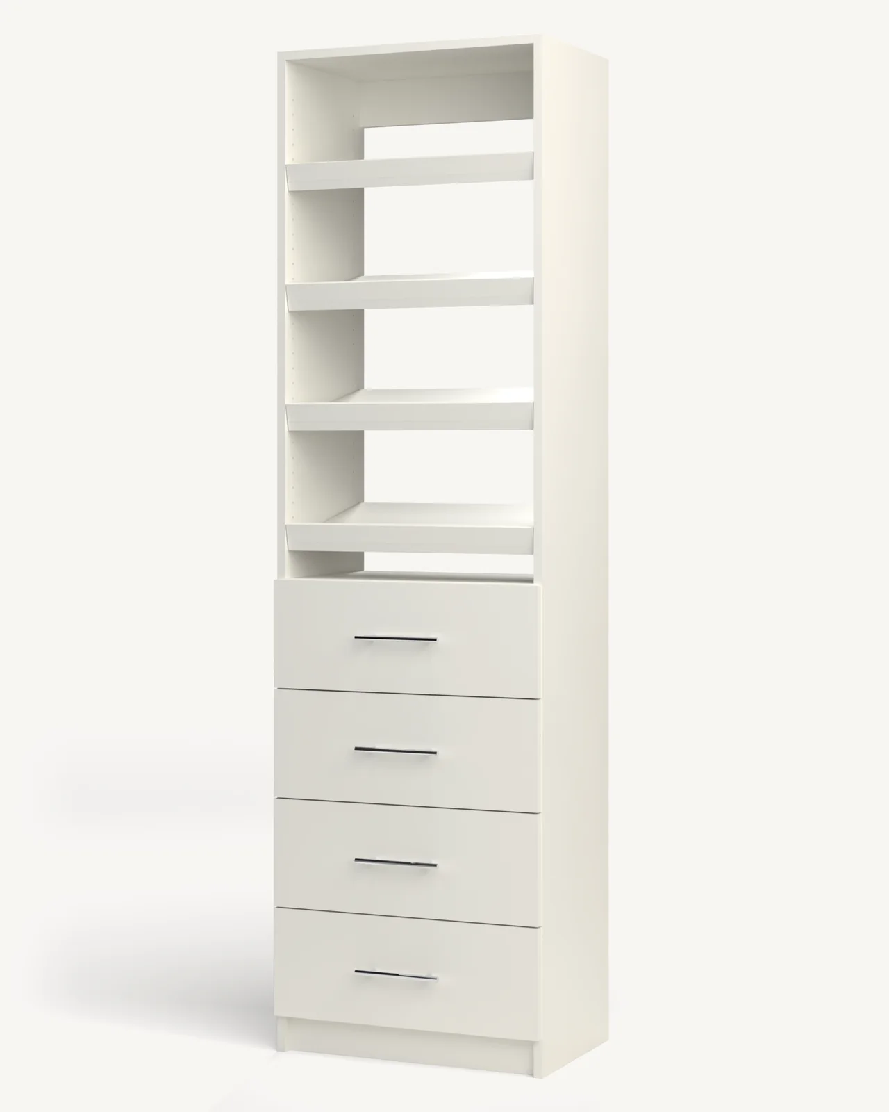 Shoe Storage over 4 Drawer Reach-In Closet Module, 24" wide and 84" tall, empty, as it is delivered (rendered)