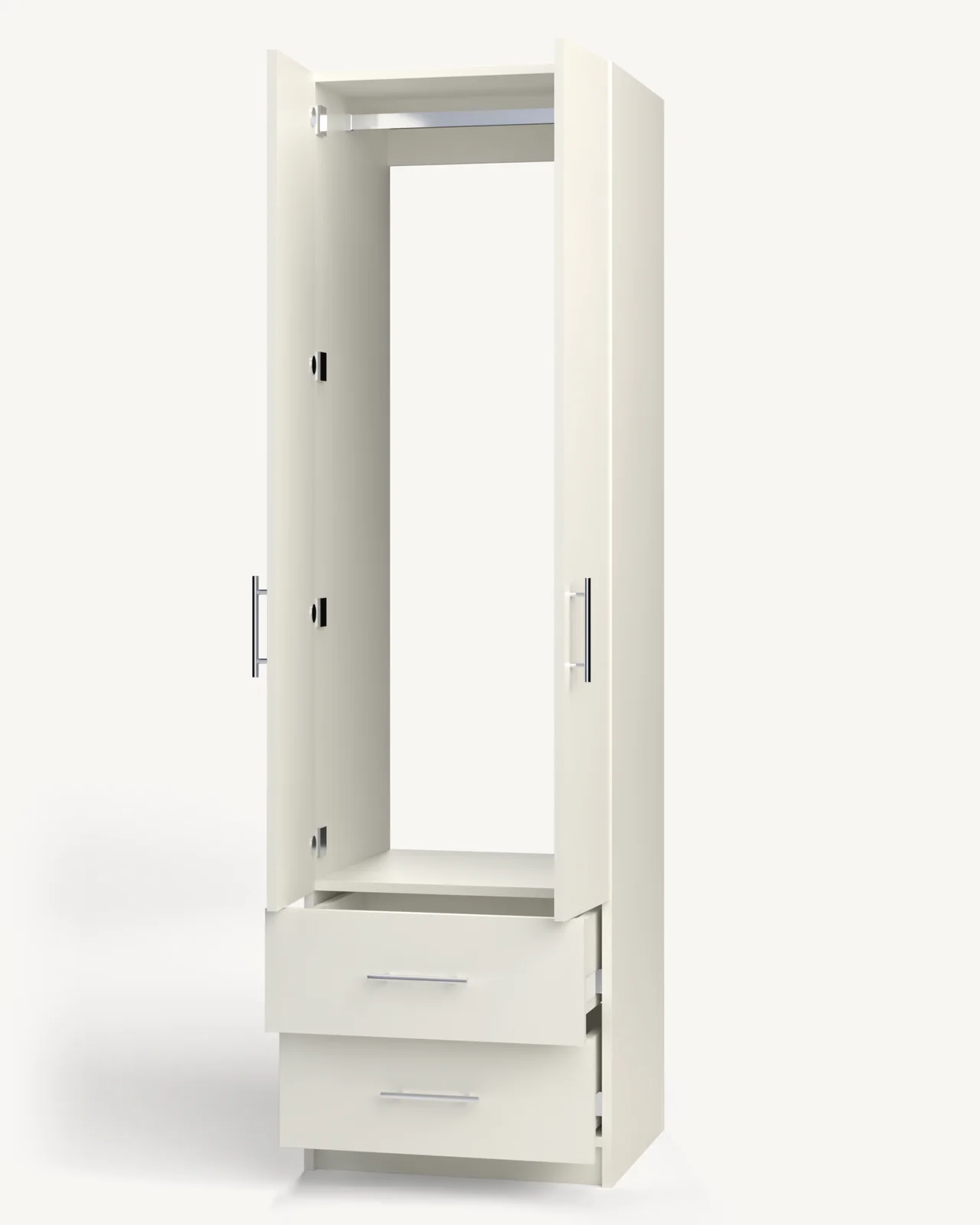 Rod over 2 Drawer Wardrobe Cabinet, 24" wide and 84" tall, doors open, empty, as it is delivered (rendered)