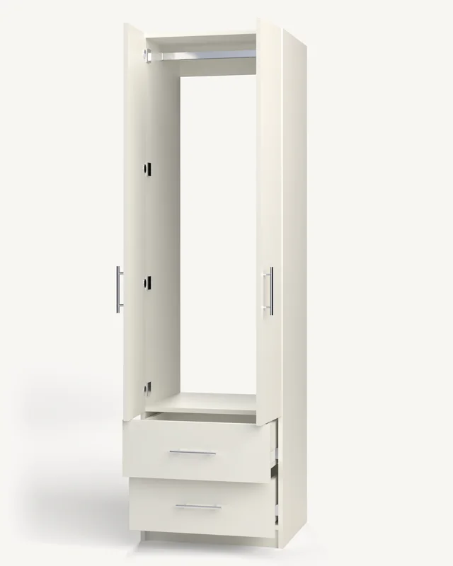 A white 22-inch wardrobe cabinet with a pair of slab doors open over a rod, and two drawers below, one pulled out (rendered)