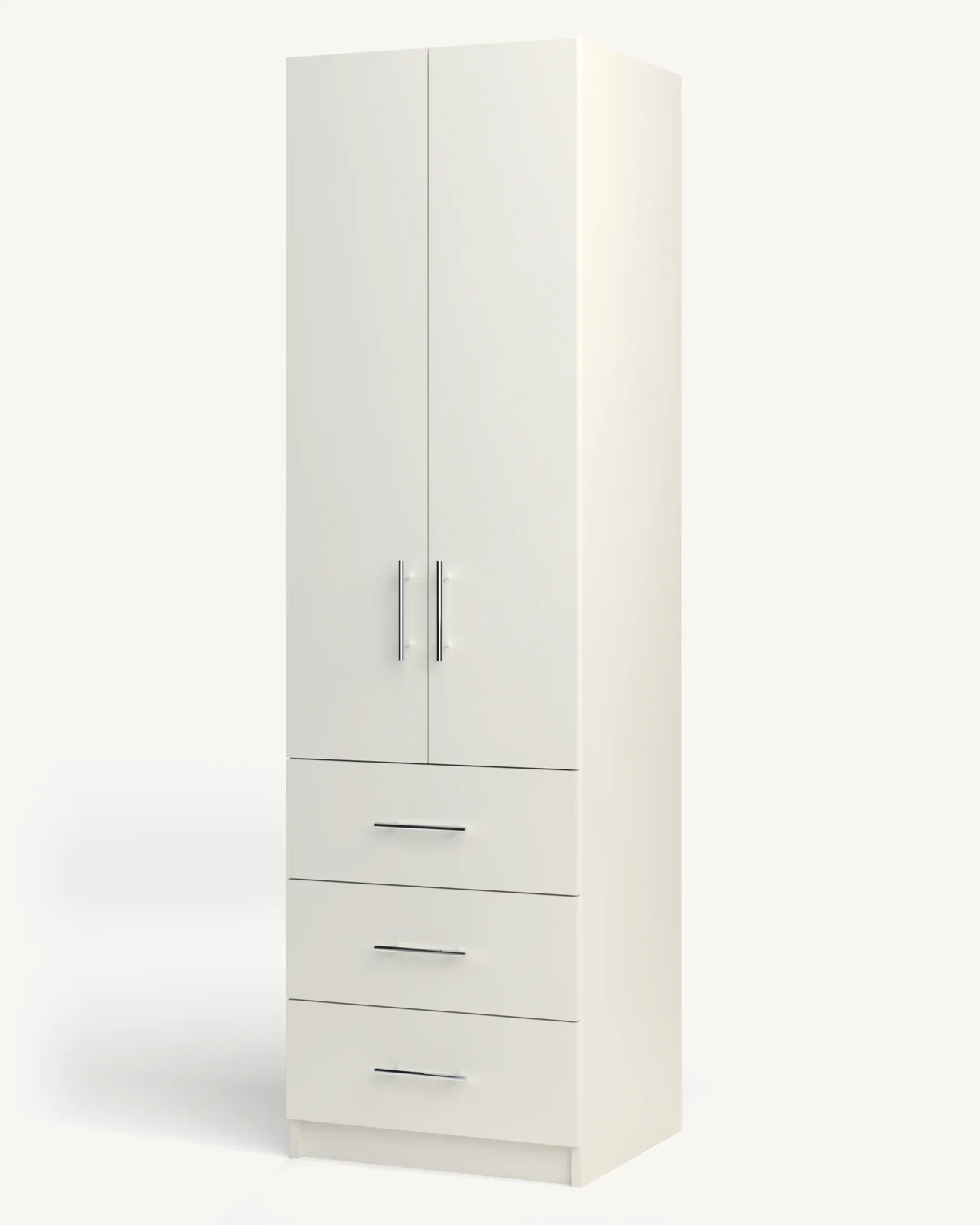 A Rod over 3 Drawer wardrobe cabinet in Classic White, doors closed (rendered).