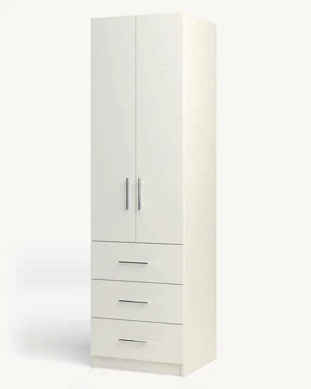 A white 22-inch wardrobe cabinet with slab doors closed over three drawers (rendered)