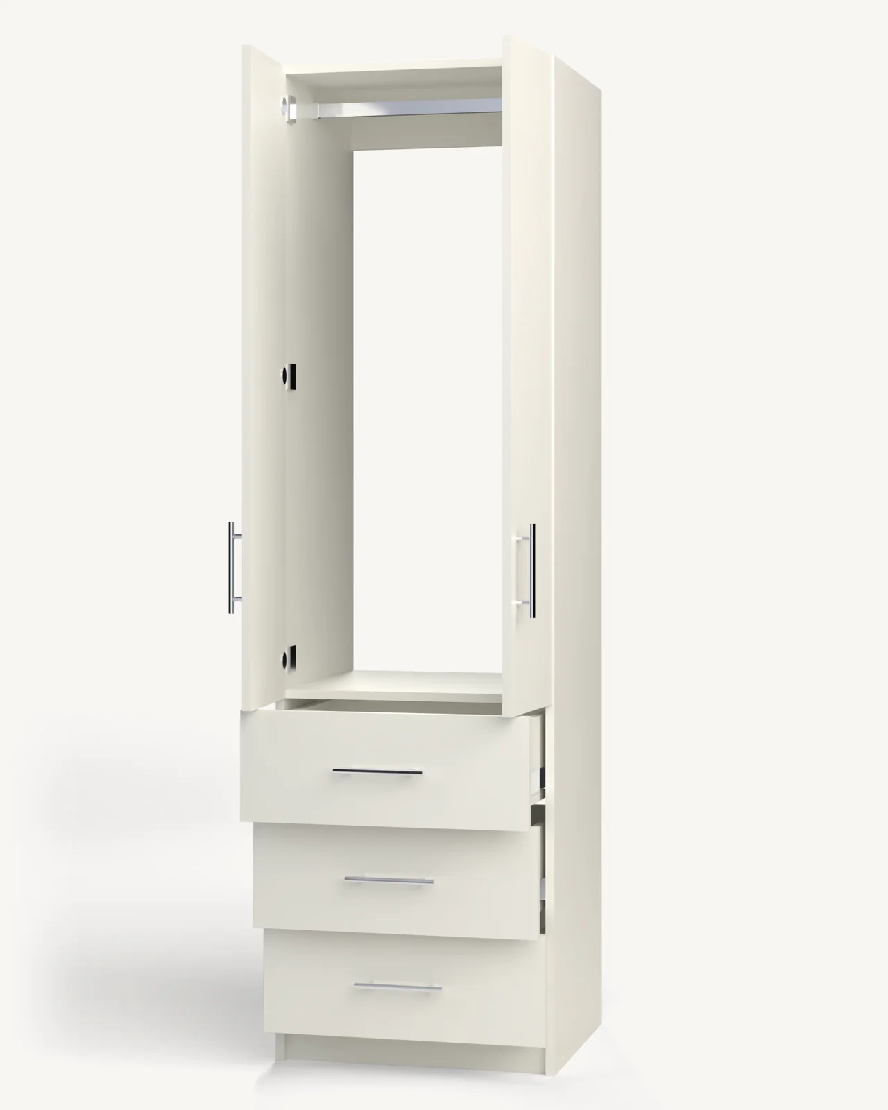 The same cabinet with its doors open and its drawers pulled out (rendered).