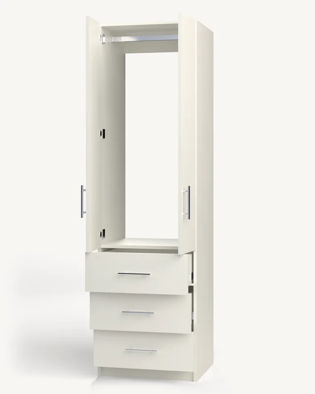 A wardrobe cabinet with its doors open, every visible edge banded to match (rendered).