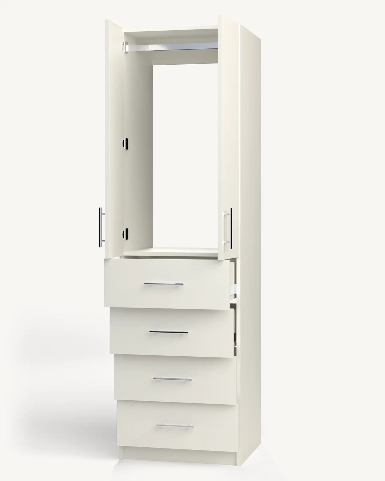 Rod over 4 Drawer Wardrobe Cabinet, 24" wide and 84" tall, doors open, empty, as it is delivered (rendered)