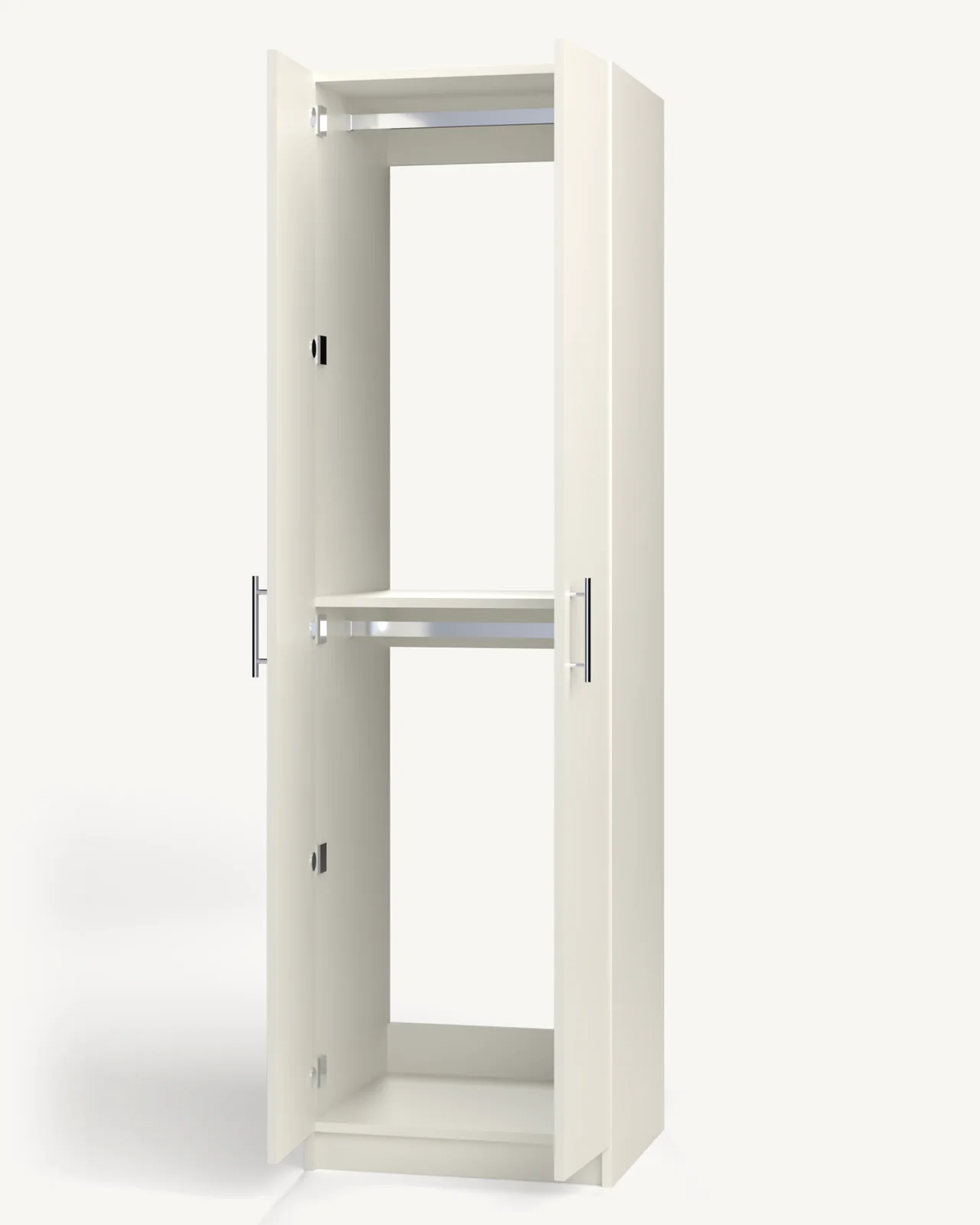 Rod over Rod Wardrobe Cabinet, 24" wide and 84" tall, doors open, empty, as it is delivered (rendered)