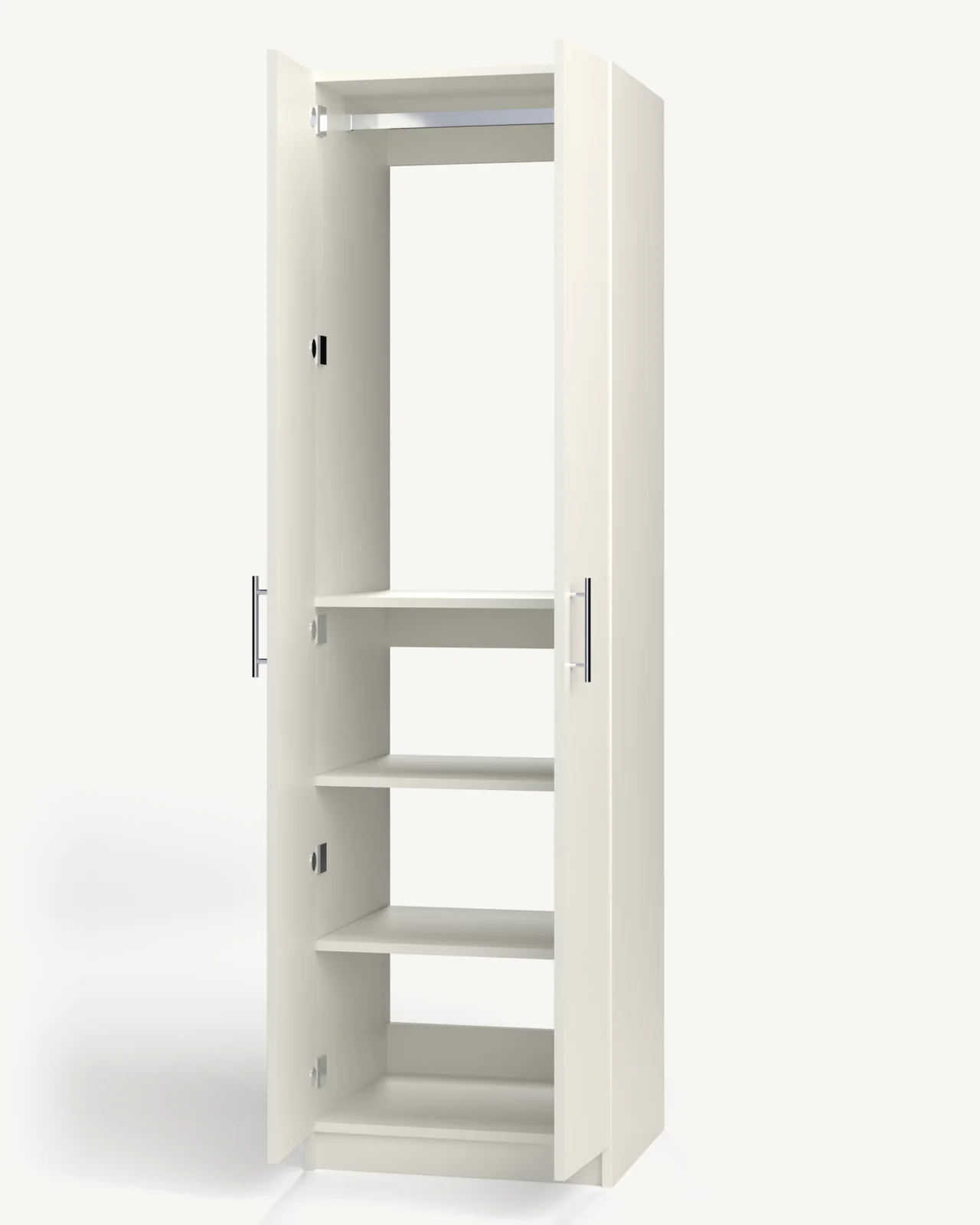 Rod over Shelves Wardrobe Cabinet, 24" wide and 84" tall, doors open, empty, as it is delivered (rendered)