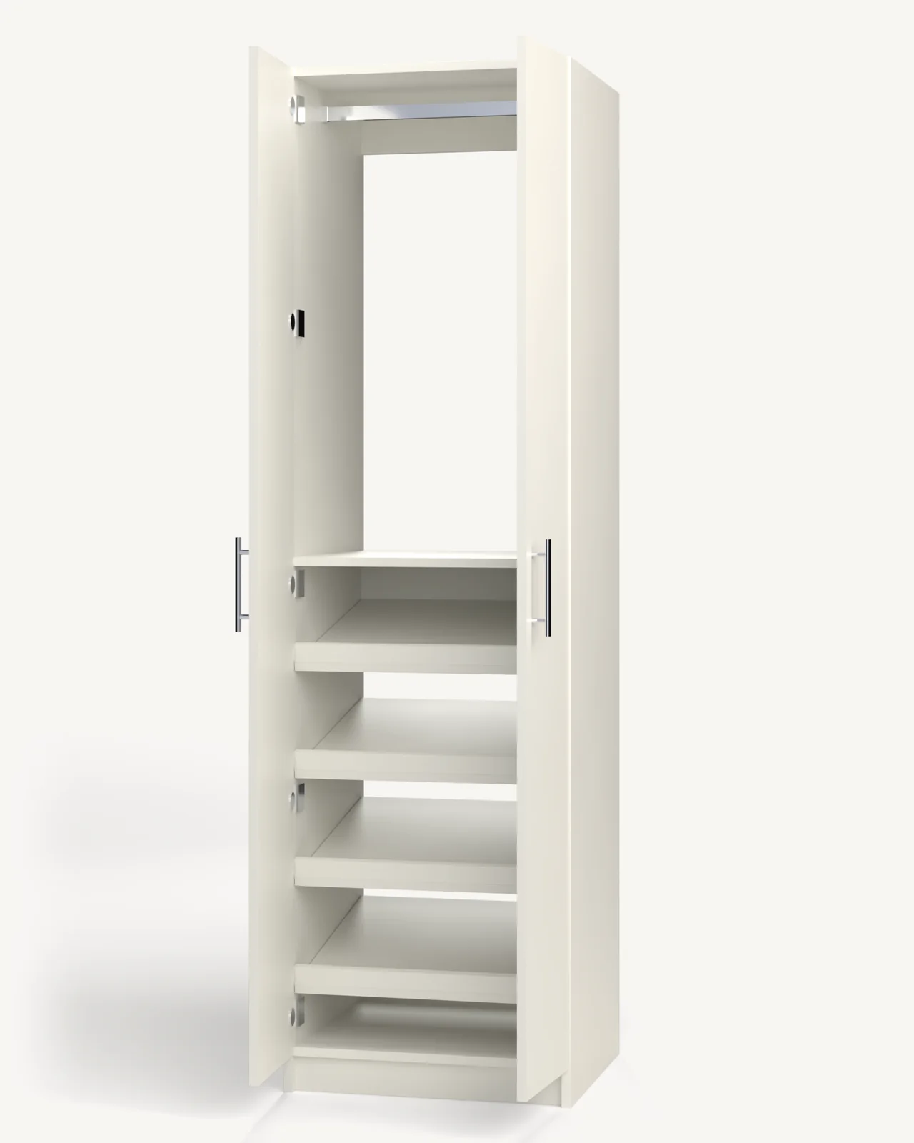 Rod over Shoe Storage Wardrobe Cabinet, 24" wide and 84" tall, doors open, empty, as it is delivered (rendered)