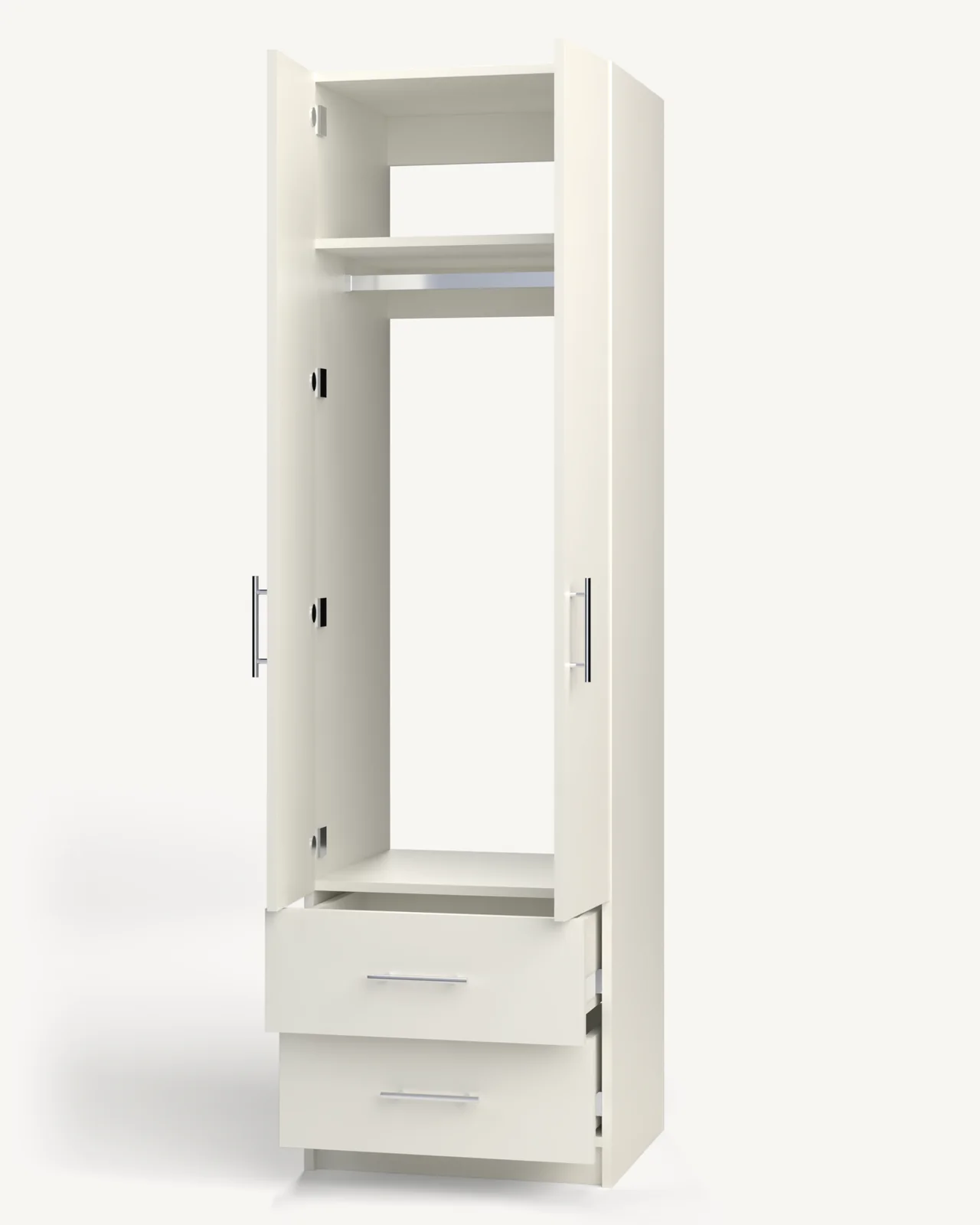 Rod + Fixed Shelf over 2 Drawer Wardrobe Cabinet, 24" wide and 84" tall, doors open, empty, as it is delivered (rendered)