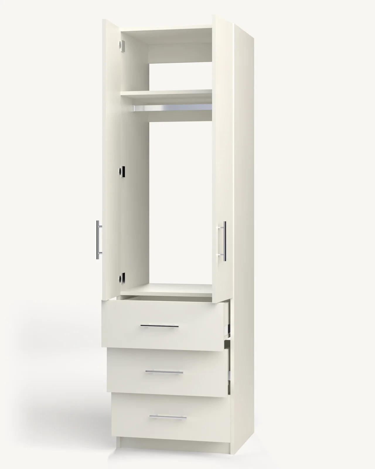 Rod + Fixed Shelf over 3 Drawer Wardrobe Cabinet, 24" wide and 84" tall, doors open, empty, as it is delivered (rendered)