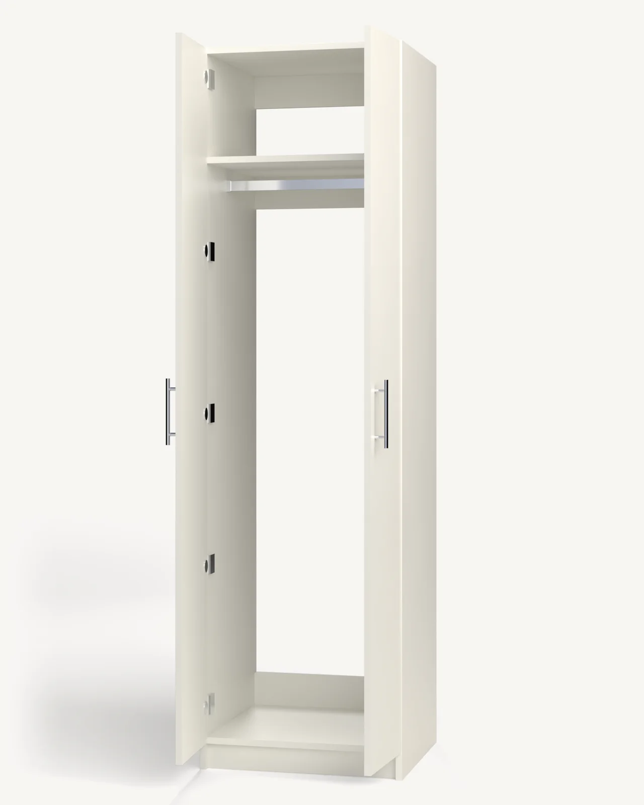 Full-Height Hanging Rod with Fixed Shelf Wardrobe Cabinet, 24" wide and 84" tall, doors open, empty, as it is delivered (rendered)
