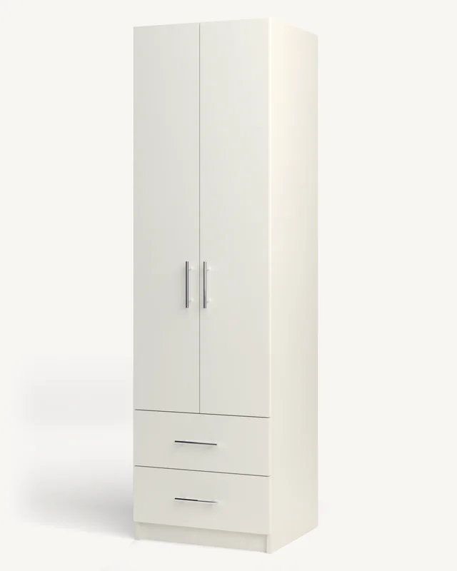 A wardrobe cabinet with its doors shut, ready to install (rendered).
