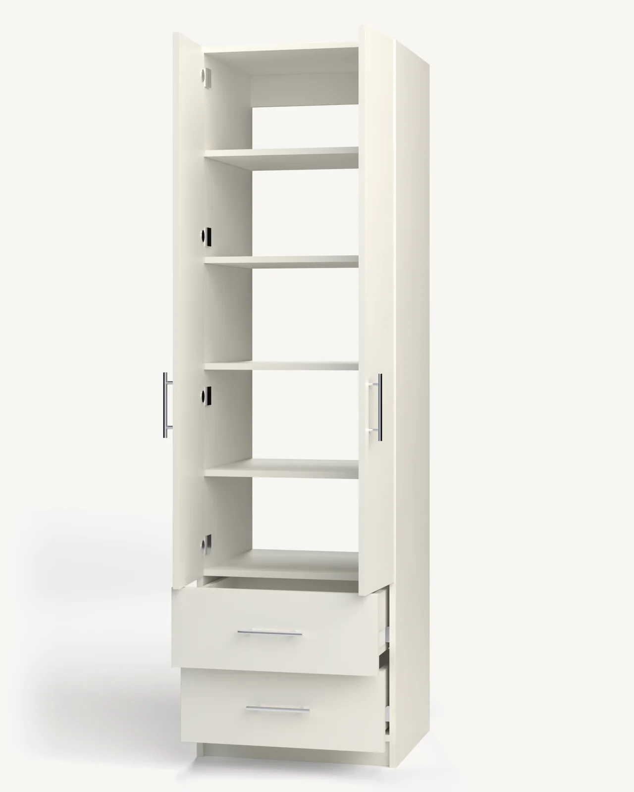 Shelves over 2 Drawer Wardrobe Cabinet, 24" wide and 84" tall, doors open, empty, as it is delivered (rendered)