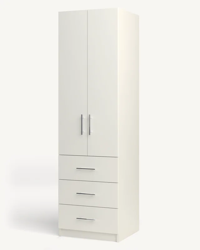 A white 22-inch wardrobe cabinet with slab doors over three drawers, doors closed (rendered)