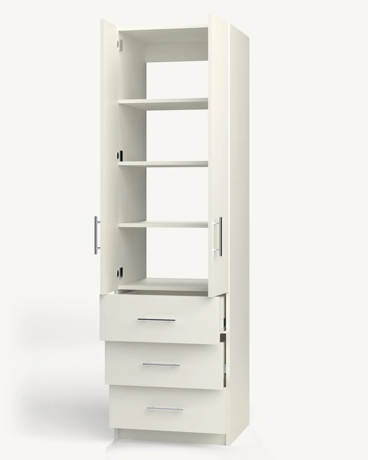 Shelves over 3 Drawer Wardrobe Cabinet, 24" wide and 84" tall, doors open, empty, as it is delivered (rendered)
