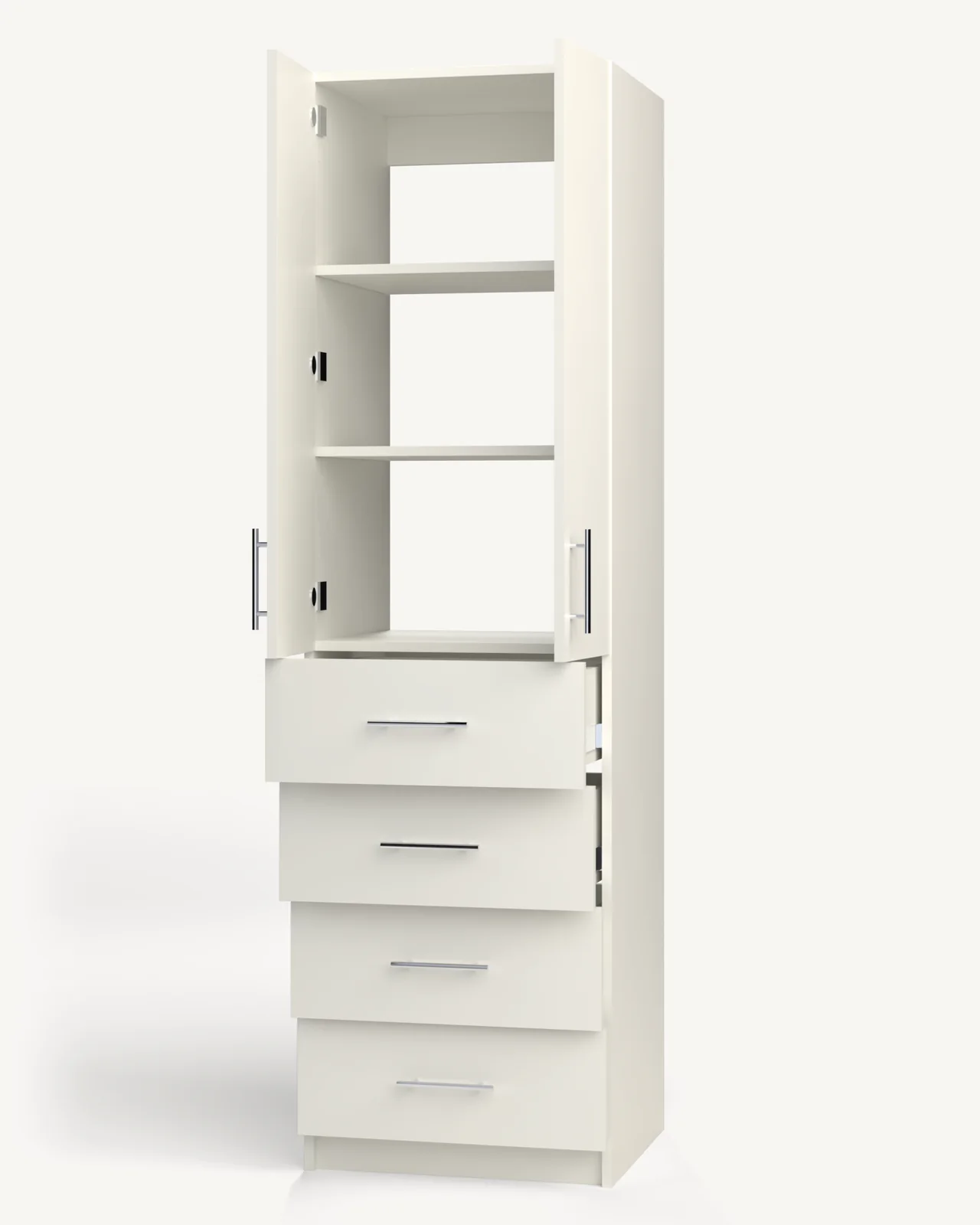 Shelves over 4 Drawer Wardrobe Cabinet, 24" wide and 84" tall, doors open, empty, as it is delivered (rendered)