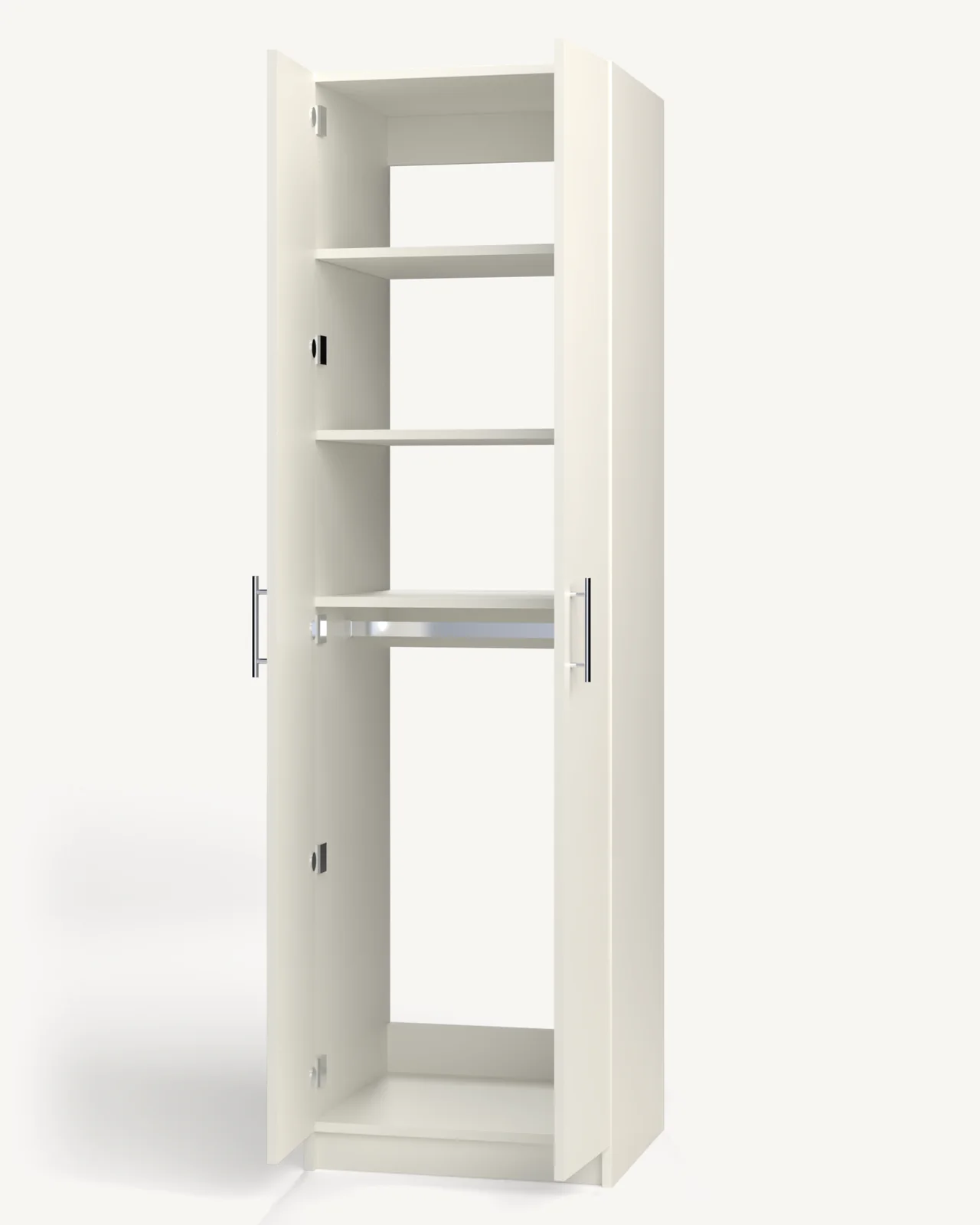Shelves over Rod Wardrobe Cabinet, 24" wide and 84" tall, doors open, empty, as it is delivered (rendered)
