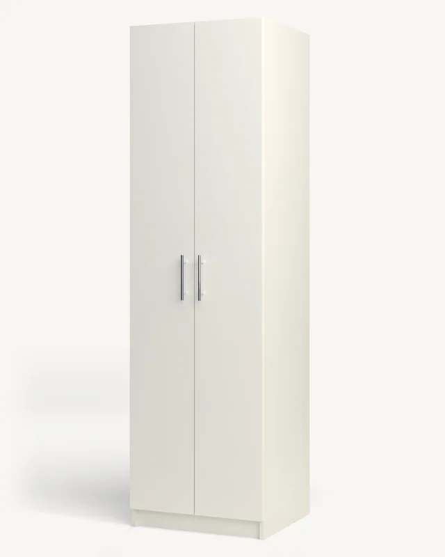 A white 22-inch wardrobe cabinet with full-height slab doors closed (rendered)