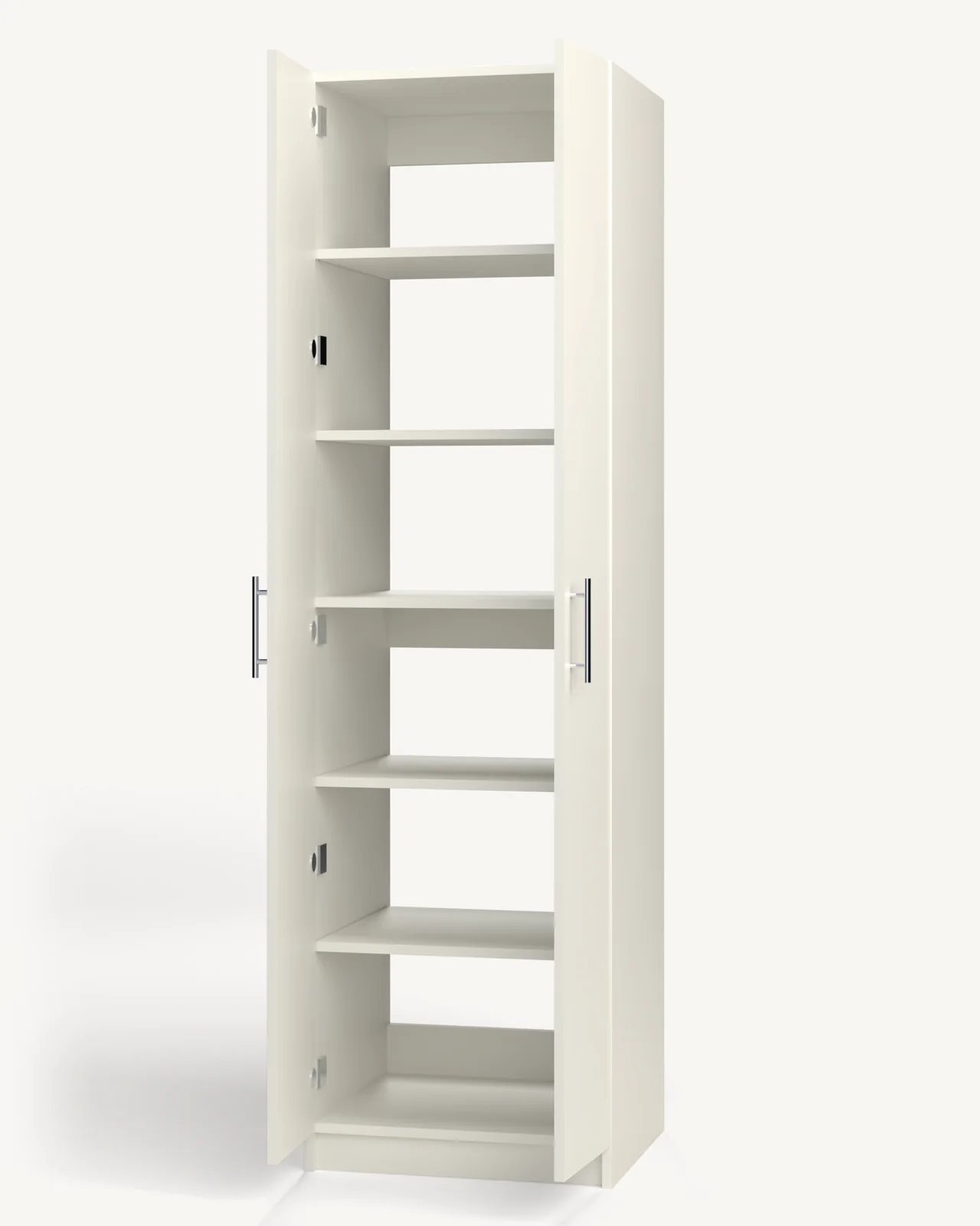 Shelves over Shelves Wardrobe Cabinet, 24" wide and 84" tall, doors open, empty, as it is delivered (rendered)
