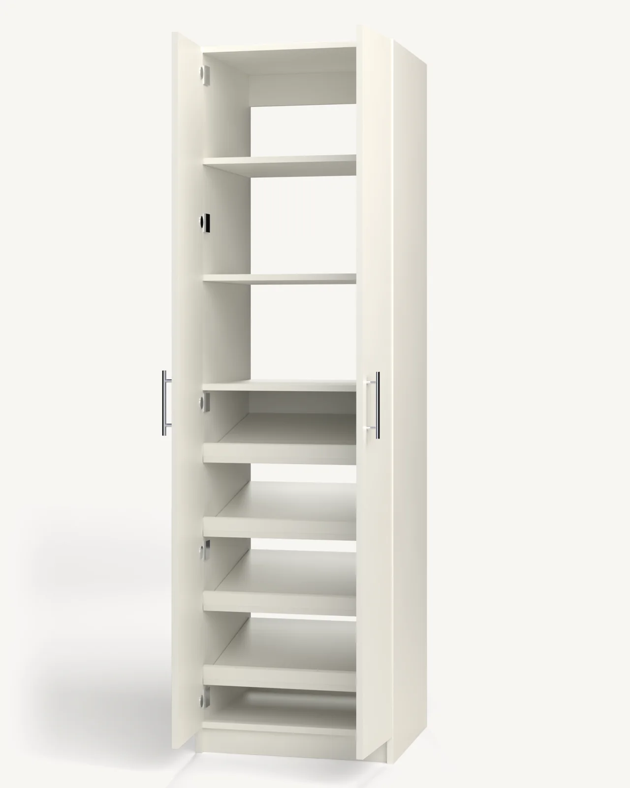 Shelves over Shoe Storage Wardrobe Cabinet, 24" wide and 84" tall, doors open, empty, as it is delivered (rendered)
