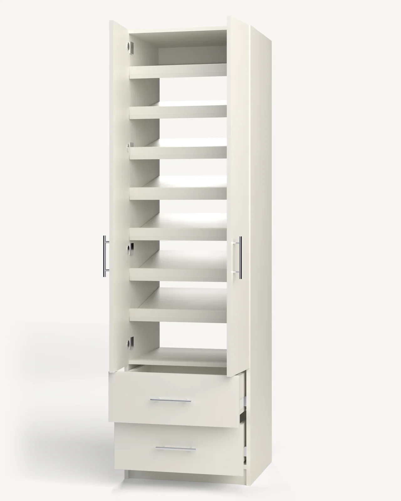 Shoe Storage over 2 Drawer Wardrobe Cabinet, 24" wide and 84" tall, doors open, empty, as it is delivered (rendered)