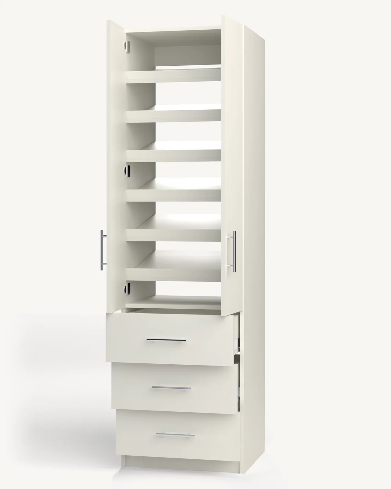 Shoe Storage over 3 Drawer Wardrobe Cabinet, 24" wide and 84" tall, doors open, empty, as it is delivered (rendered)