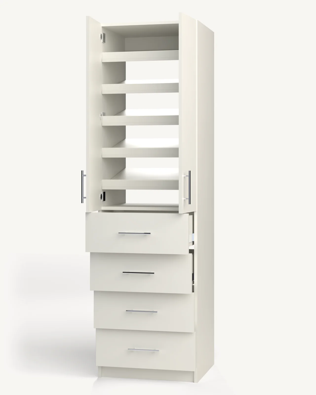 Shoe Storage over 4 Drawer Wardrobe Cabinet, 24" wide and 84" tall, doors open, empty, as it is delivered (rendered)