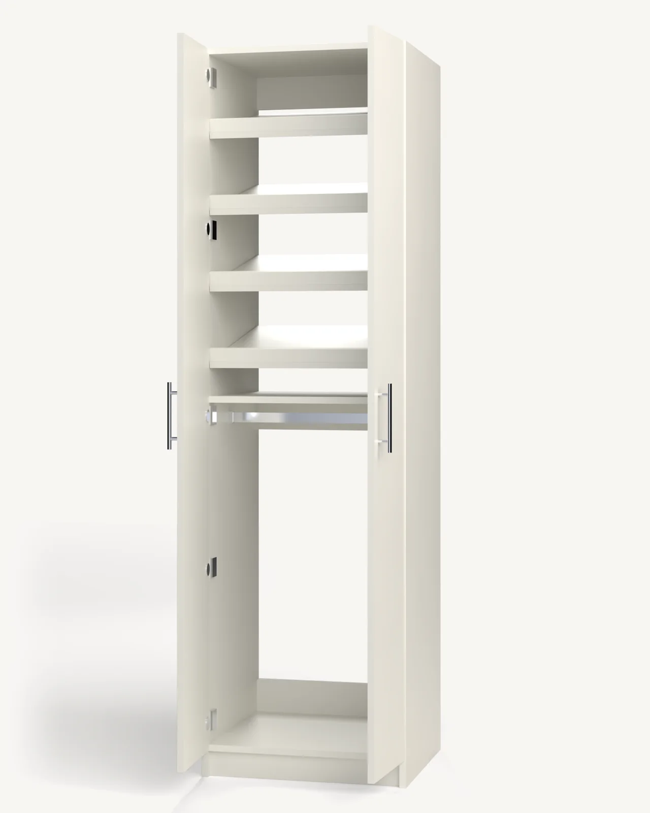 Shoe Storage over Rod Wardrobe Cabinet, 24" wide and 84" tall, doors open, empty, as it is delivered (rendered)