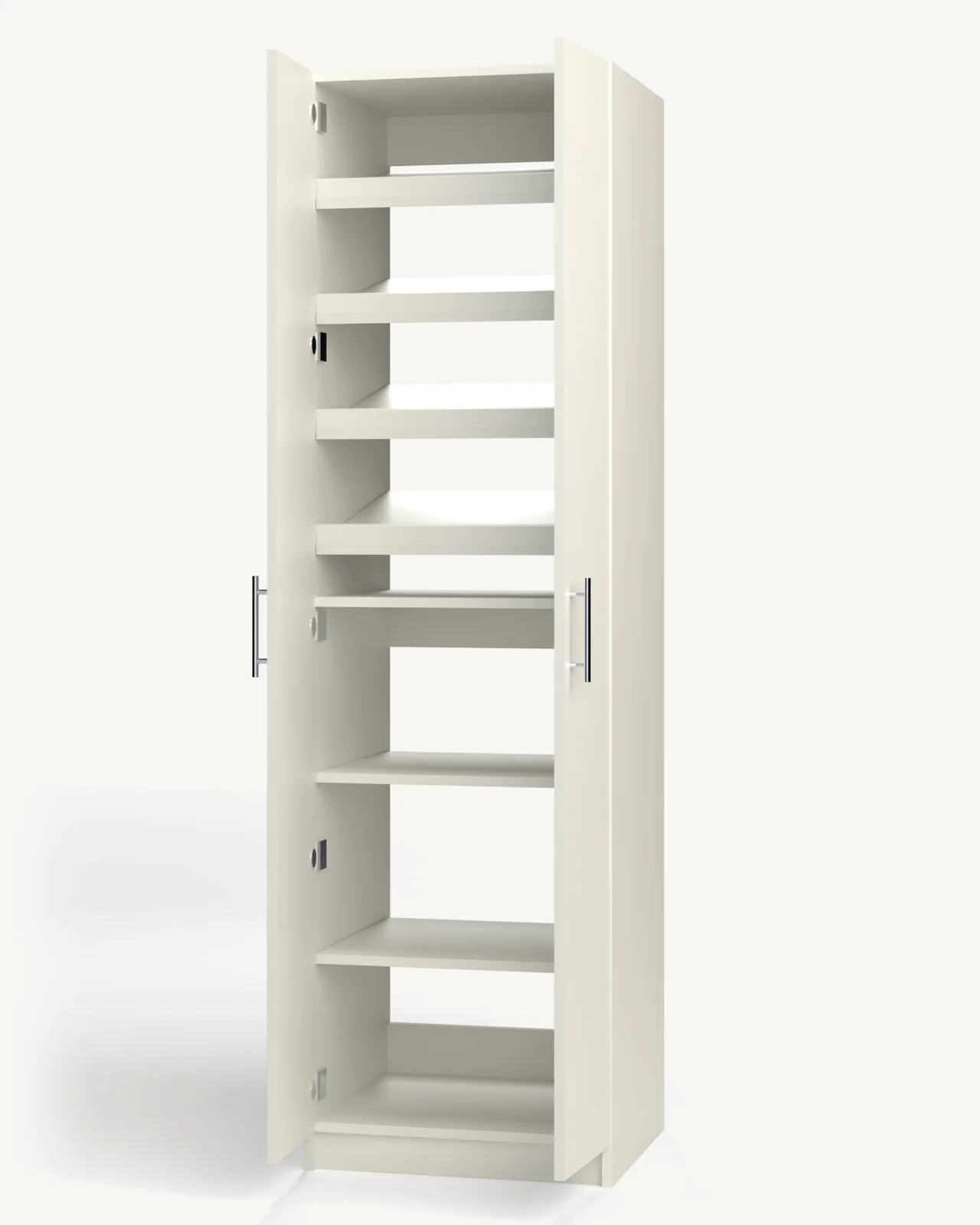 Shoe Storage over Shelves Wardrobe Cabinet, 24" wide and 84" tall, doors open, empty, as it is delivered (rendered)