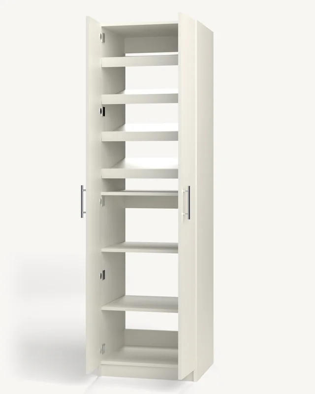 A white 22-inch wardrobe cabinet with its doors open on tilted shoe shelves over adjustable shelves (rendered)