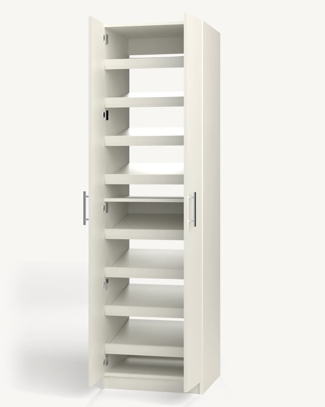 Shoe Storage over Shoe Storage Wardrobe Cabinet, 24" wide and 84" tall, doors open, empty, as it is delivered (rendered)